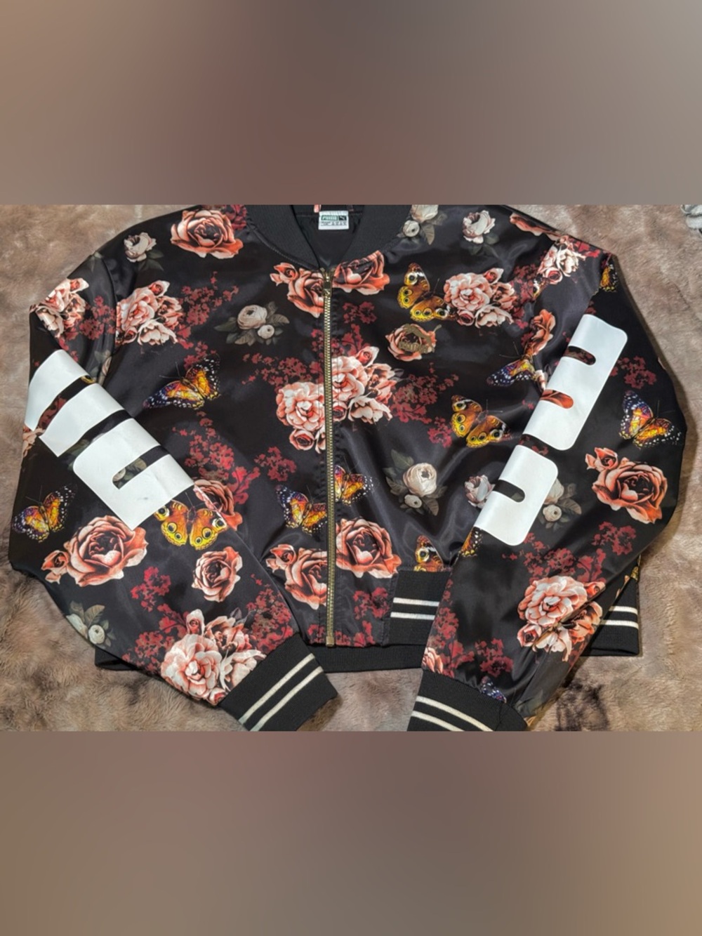Puma Black Bomber Jacket with Coral Rose Print